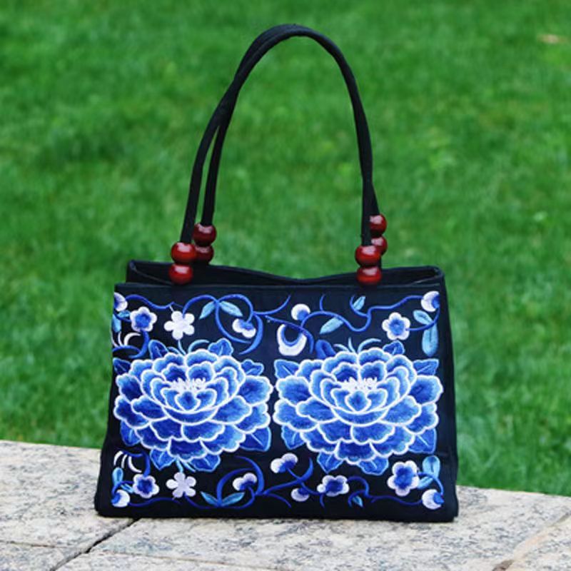 Women's Embroidered Handbag - Double Zipper, Printed Design, Stylish and Spacious