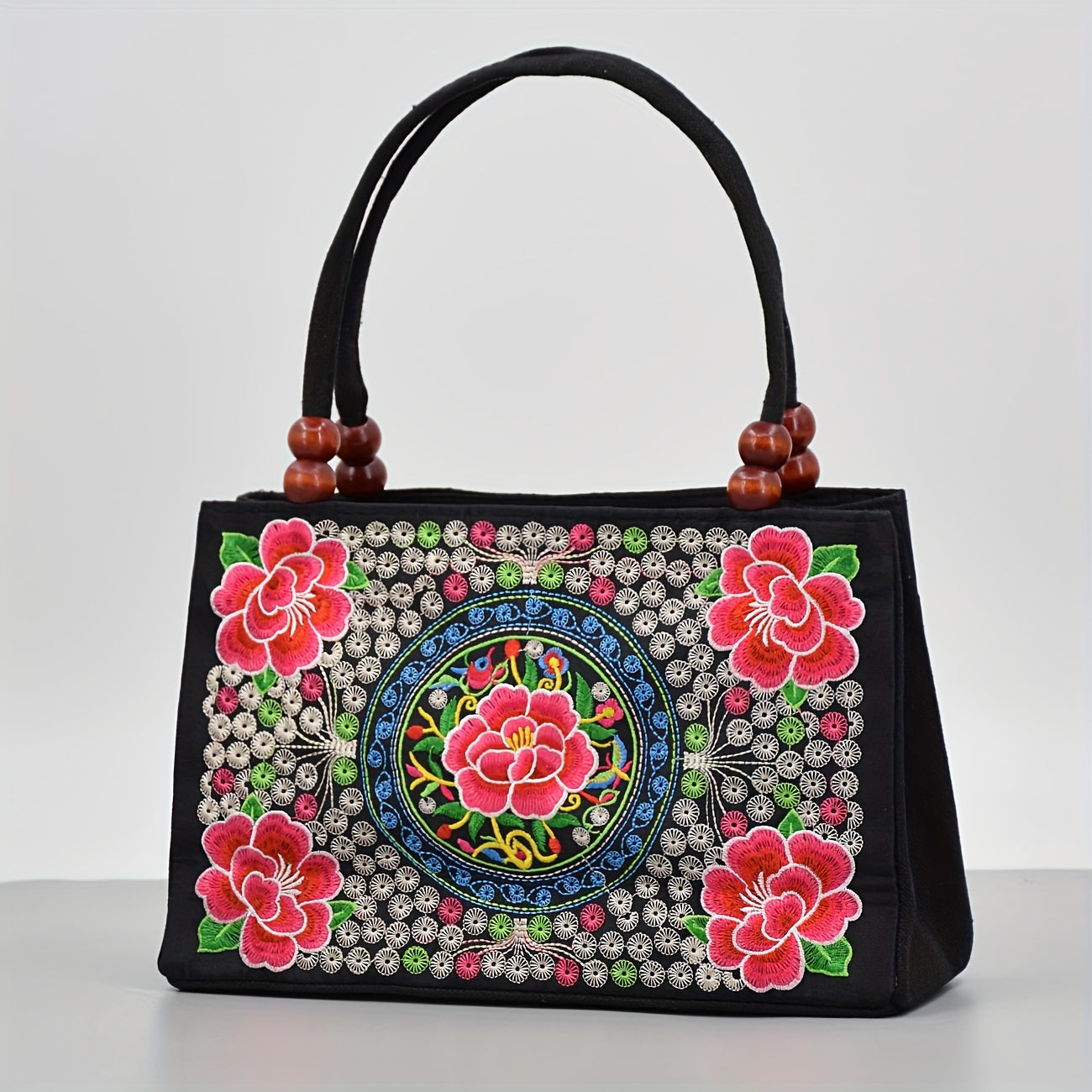 Women's Embroidered Handbag - Double Zipper, Printed Design, Stylish and Spacious