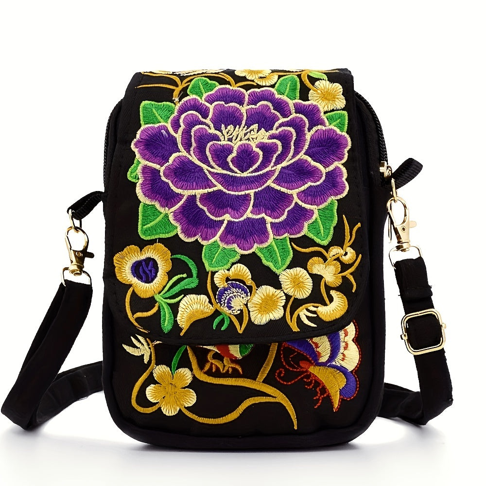 Women's Embroidered Crossbody Bag, Mini Shoulder Bag, Portable Double-Layer Wallet, Phone Pouch
