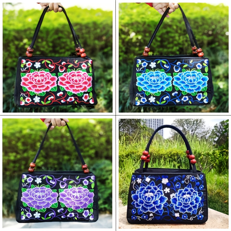 Women's Embroidered Handbag - Double Zipper, Printed Design, Stylish and Spacious
