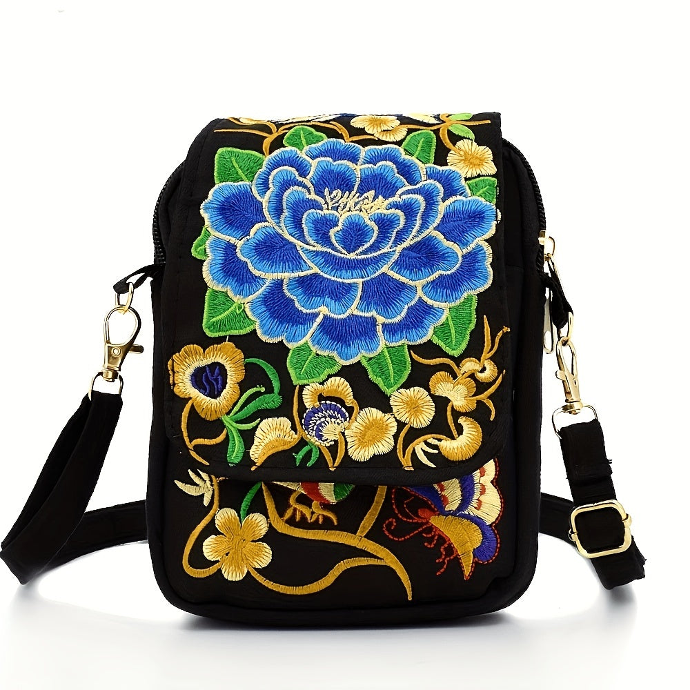Women's Embroidered Crossbody Bag, Mini Shoulder Bag, Portable Double-Layer Wallet, Phone Pouch