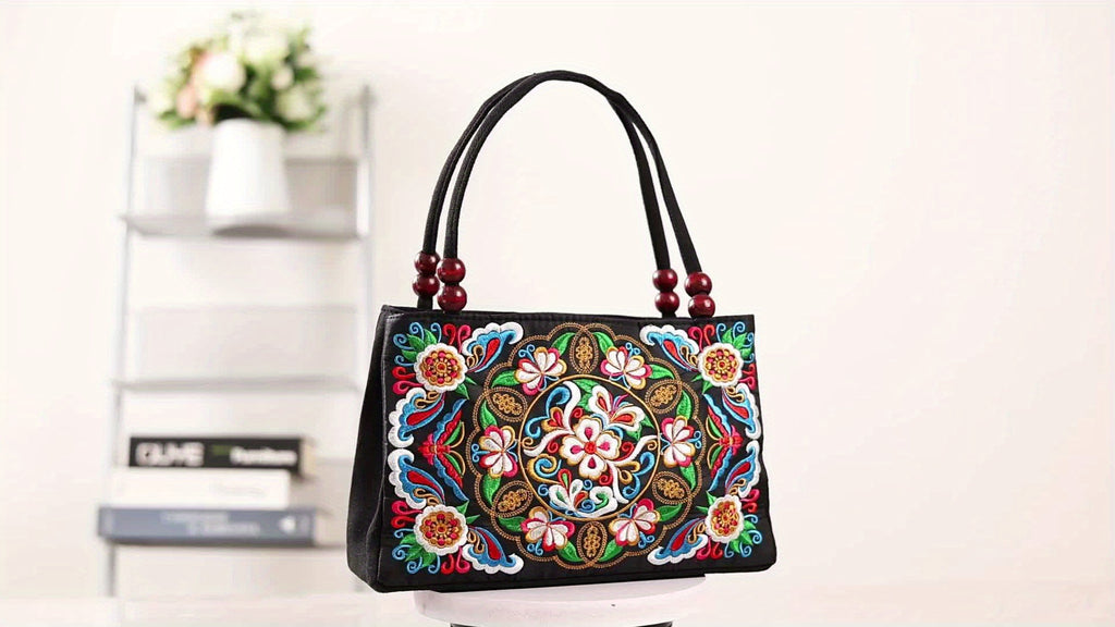 Women's Embroidered Handbag - Double Zipper, Printed Design, Stylish and Spacious
