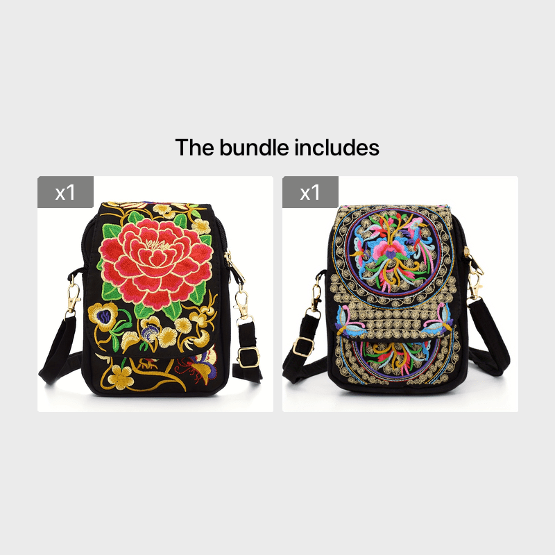 Women's Embroidered Crossbody Bag, Mini Shoulder Bag, Portable Double-Layer Wallet, Phone Pouch