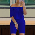 Sexy Solid Fashion Pantsuits Two-piece Set, Off Shoulder Short Sleeve Tops & Slim Shorts Set, Women's Clothing