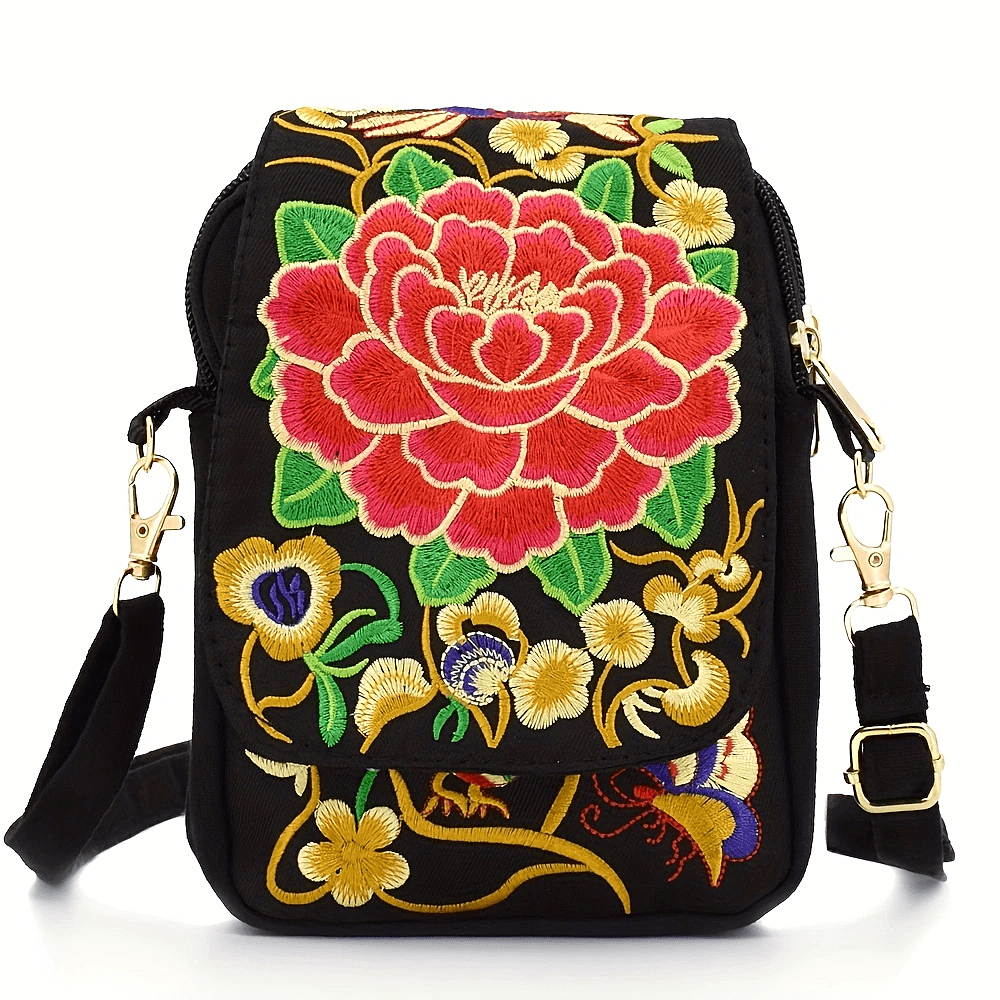 Women's Embroidered Crossbody Bag, Mini Shoulder Bag, Portable Double-Layer Wallet, Phone Pouch