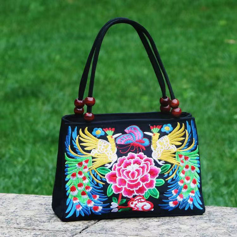 Women's Embroidered Handbag - Double Zipper, Printed Design, Stylish and Spacious