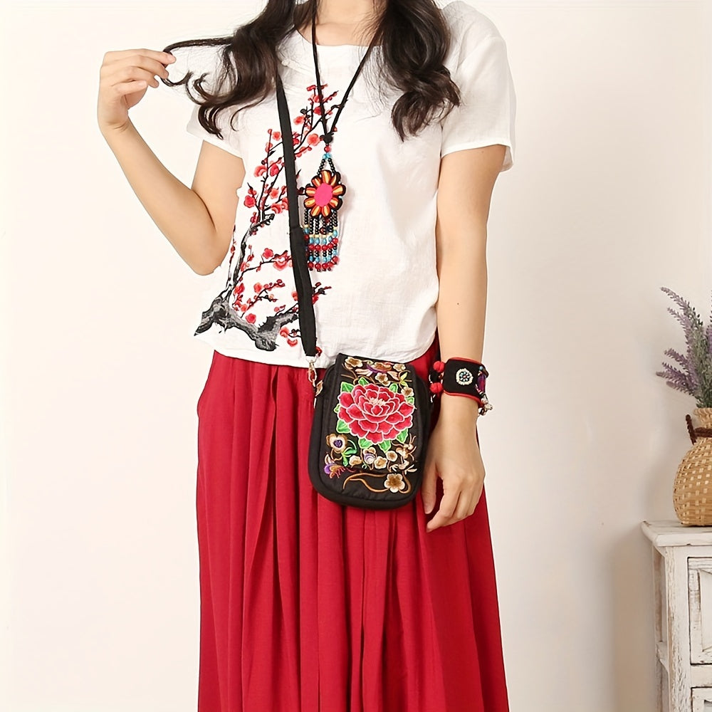 Women's Embroidered Crossbody Bag, Mini Shoulder Bag, Portable Double-Layer Wallet, Phone Pouch