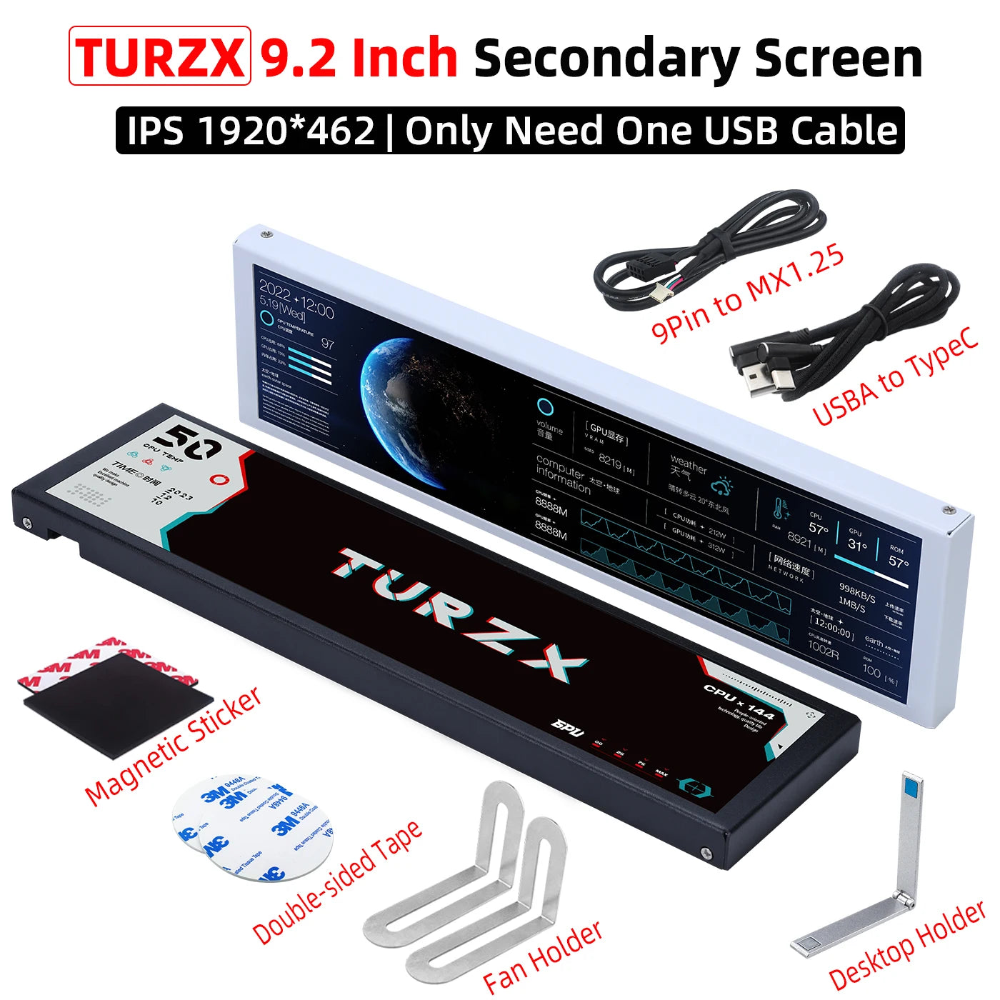 TURZX 9.2 Inch USB Secondary Screen for Computer Chassis 1920*462 IPS LCD Type-C Display CPU RAM GPU HDD FPS Weather Monitor