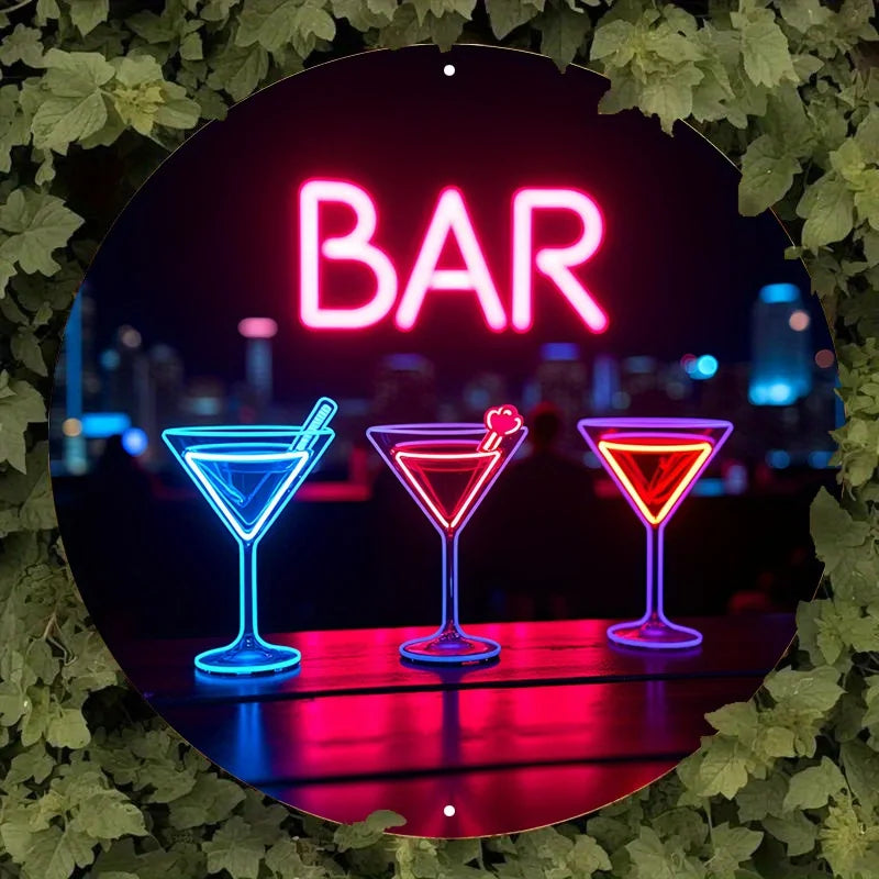 Vintage Neon Cocktail Bar Sign - Retro City Skyline Metal Art with Colorful Glow, Perfect for Home Pub & Cafe Decor