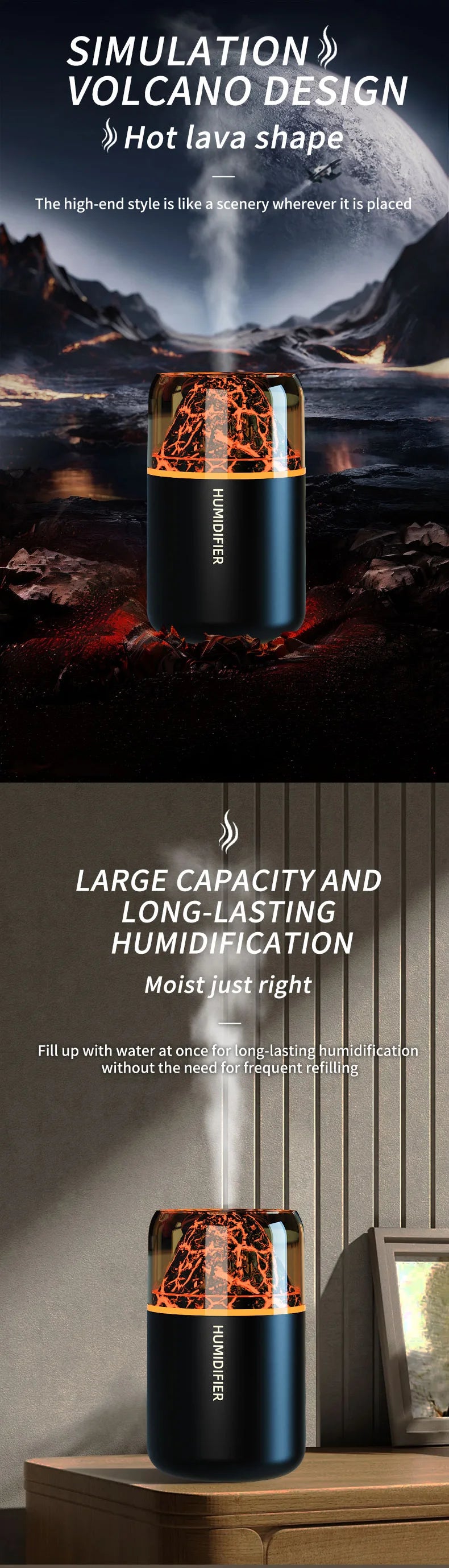 The simulated volcanic color lamp humidifier USB aromatherapy diffuser is suitable for use in cars, homes, bedrooms, as a gift,