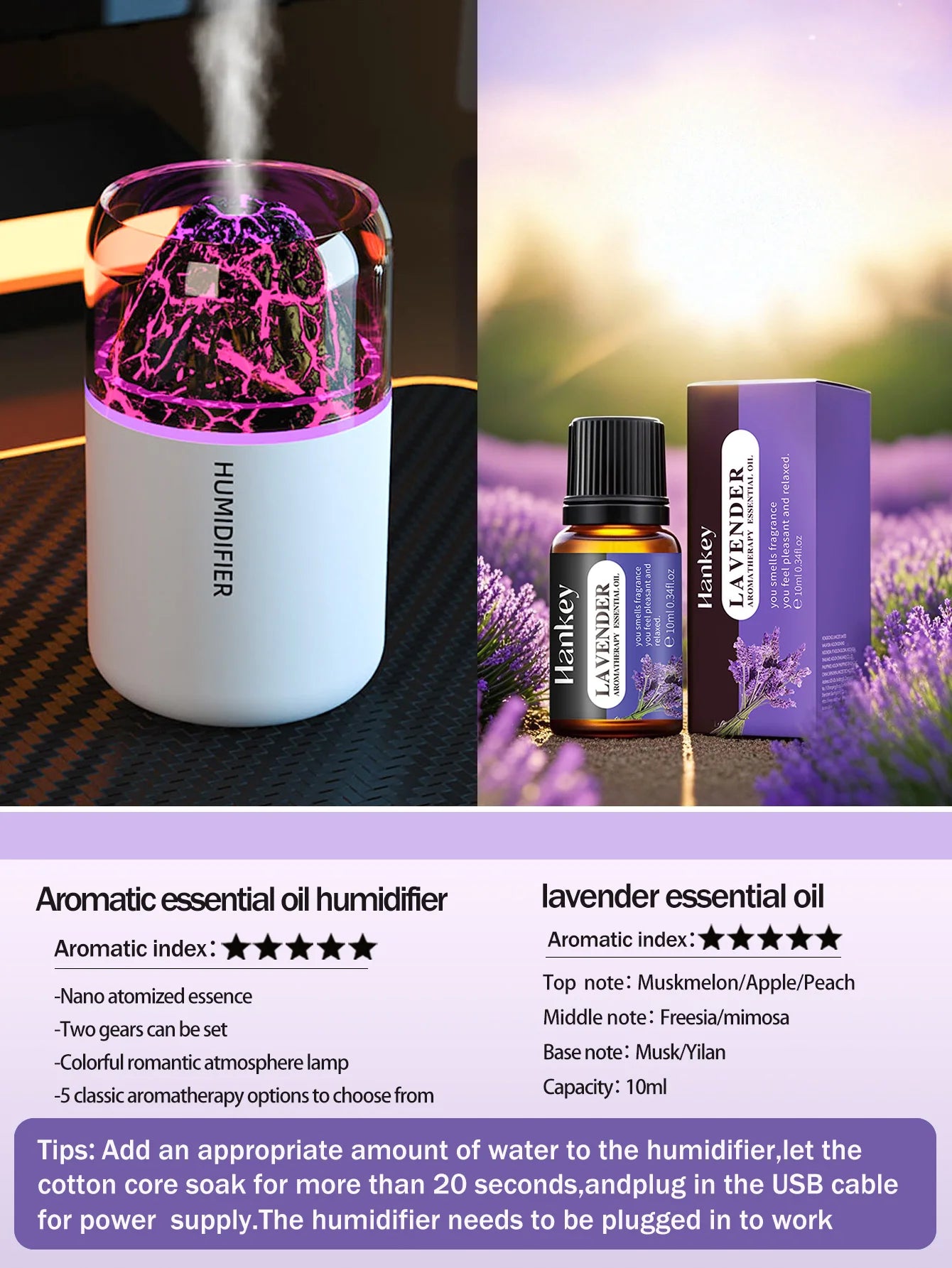 The simulated volcanic color lamp humidifier USB aromatherapy diffuser is suitable for use in cars, homes, bedrooms, as a gift,