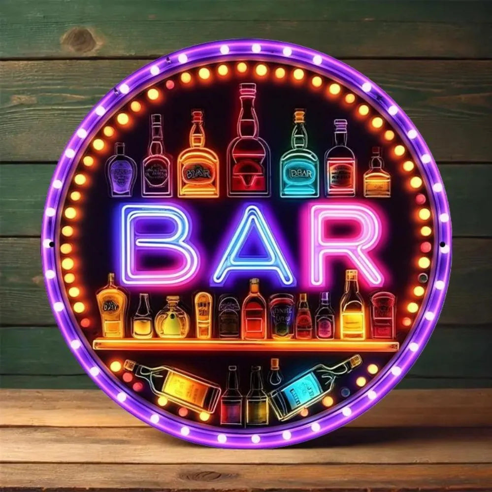 Retro-Style Neon Light Bar Metal Sign - Colorful Beverage Bottle Design | Round Aluminum Plaque | Perfect for Beach Villa