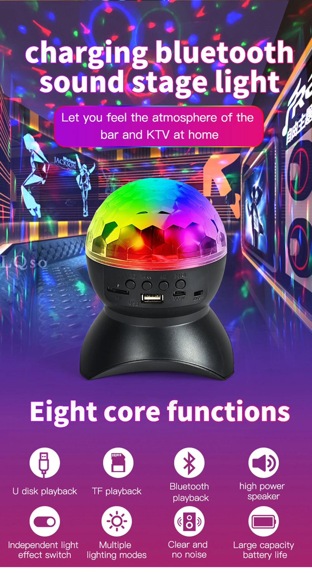 2024 New RGB LED Stage Disco Lights Rotating DJ Ball Strobe Remote Control Sound Magic Dance Car Christmas Gift Party Club Lamps