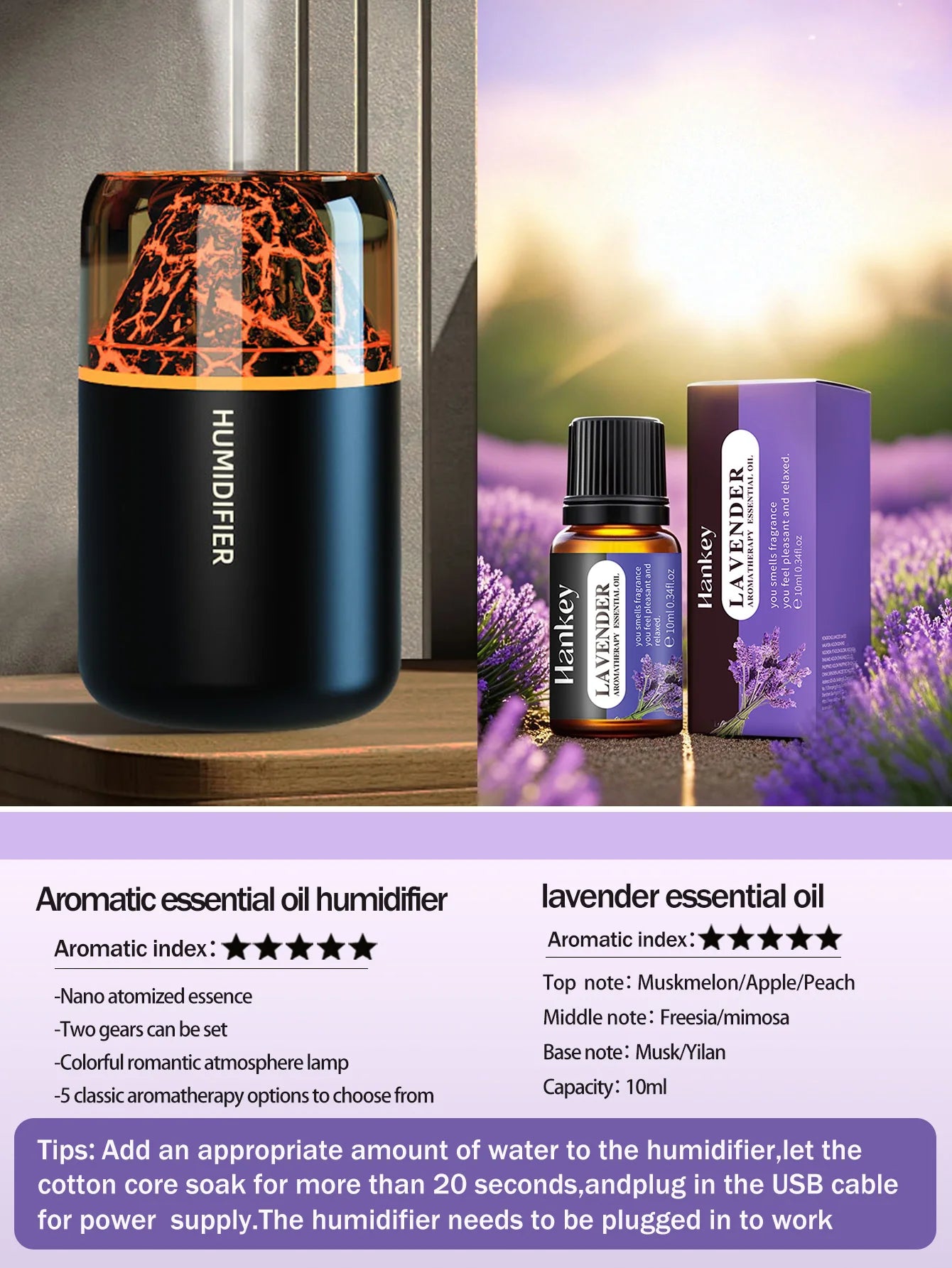 The simulated volcanic color lamp humidifier USB aromatherapy diffuser is suitable for use in cars, homes, bedrooms, as a gift,