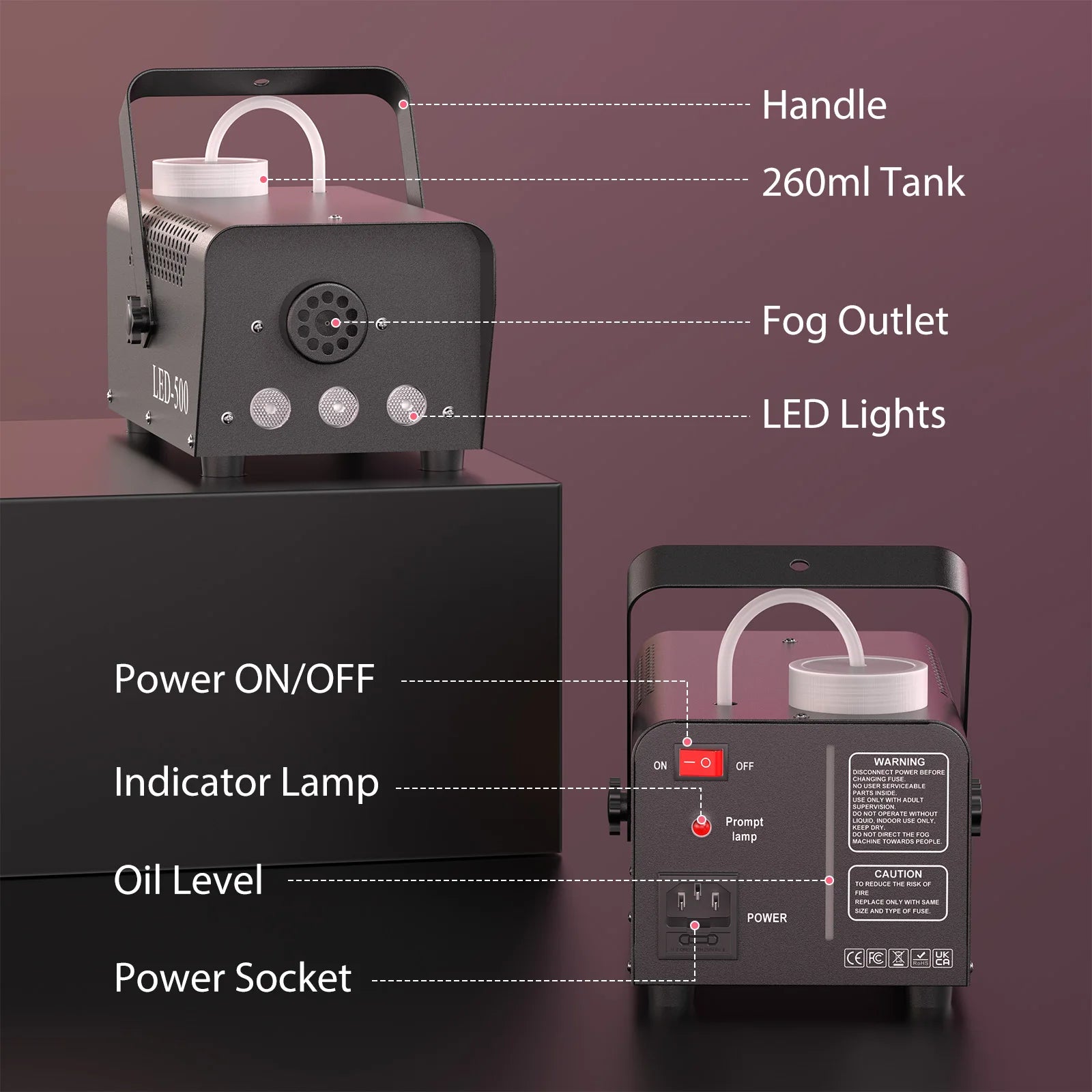 U'King 500W Smoke Machine RGB 3 LED Mixed Color Fog Machine with Remote Control Stage Smoke Ejector for DJ Halloween Christmas