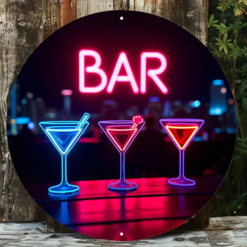 Vintage Neon Cocktail Bar Sign - Retro City Skyline Metal Art with Colorful Glow, Perfect for Home Pub & Cafe Decor