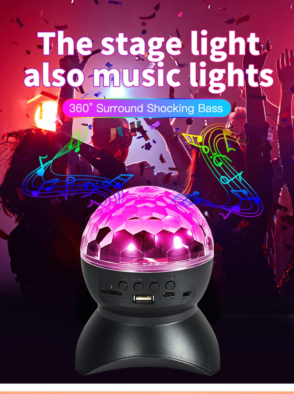 2024 New RGB LED Stage Disco Lights Rotating DJ Ball Strobe Remote Control Sound Magic Dance Car Christmas Gift Party Club Lamps