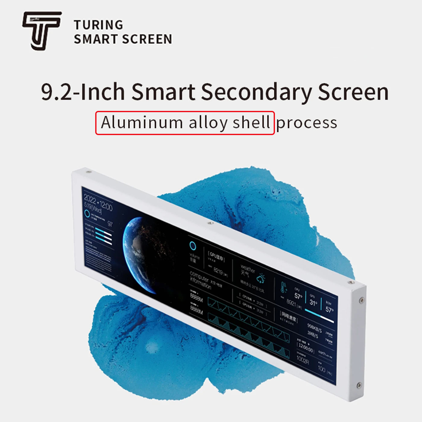 TURZX 9.2 Inch USB Secondary Screen for Computer Chassis 1920*462 IPS LCD Type-C Display CPU RAM GPU HDD FPS Weather Monitor