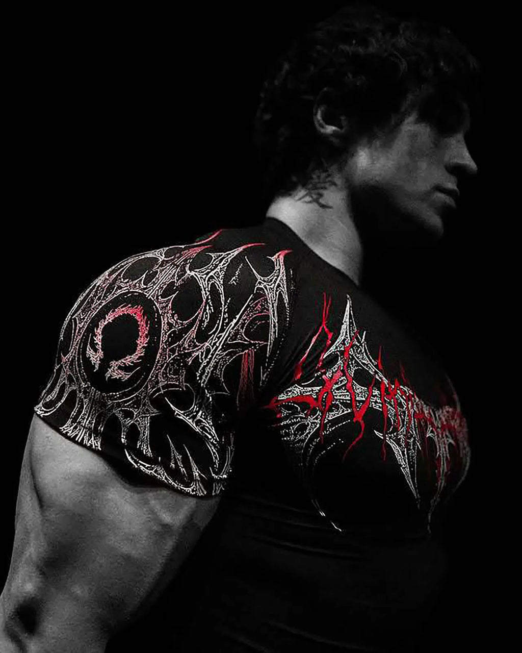 GYM T-shirt Men's Dark Gothic Print Muscle Tee  High Elasticity And Quick Drying Exercise For Bodybuilding Training 2025 Summer
