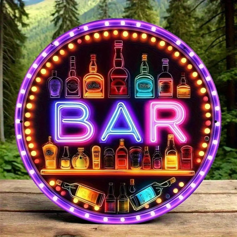 Retro-Style Neon Light Bar Metal Sign - Colorful Beverage Bottle Design | Round Aluminum Plaque | Perfect for Beach Villa