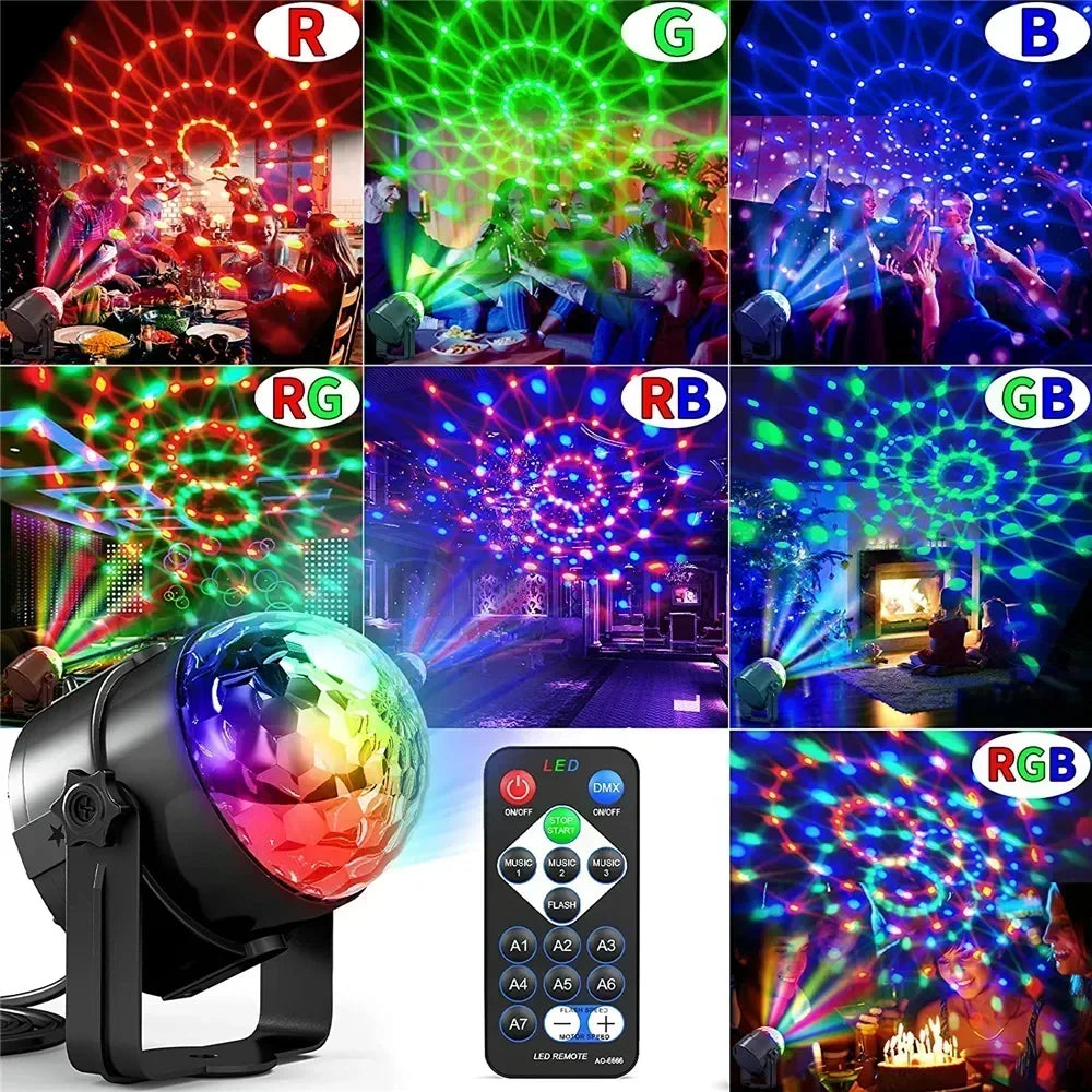 RGB LED Stage Disco Light Rotating DJ Ball Strobe Remote Sound Control Magic Dance Car Christmas Gift Party Club Laser Show Lamp