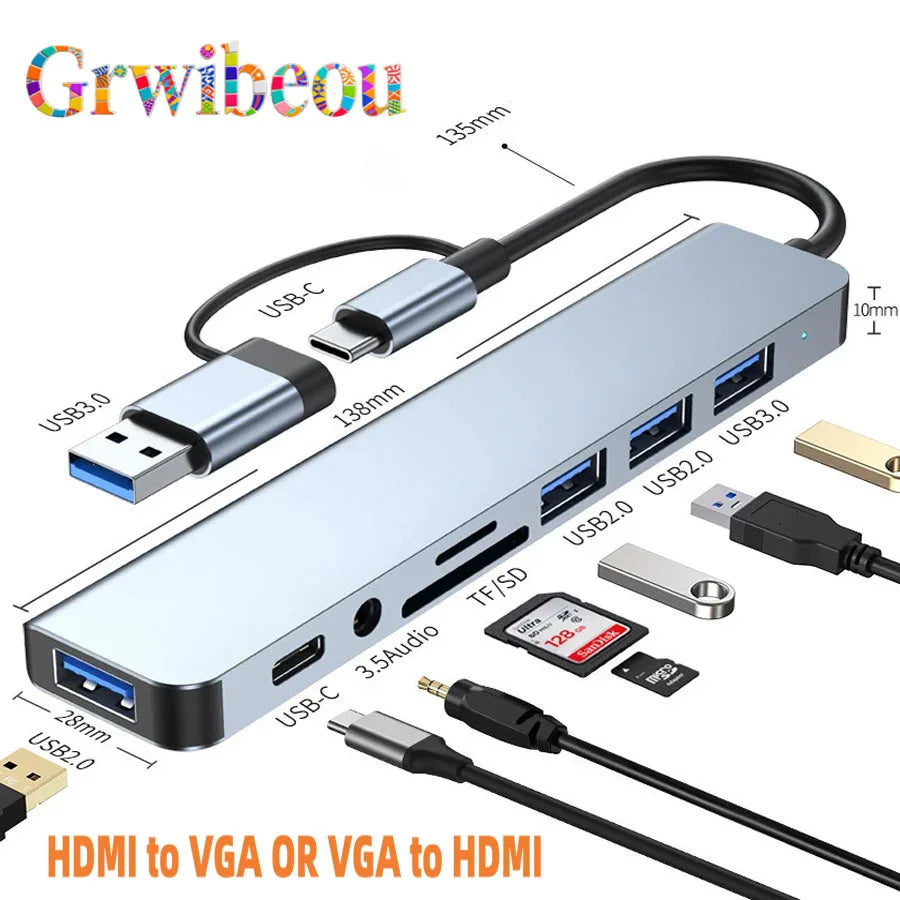 Multifunctional USB hub with various ports and cables on a white background
