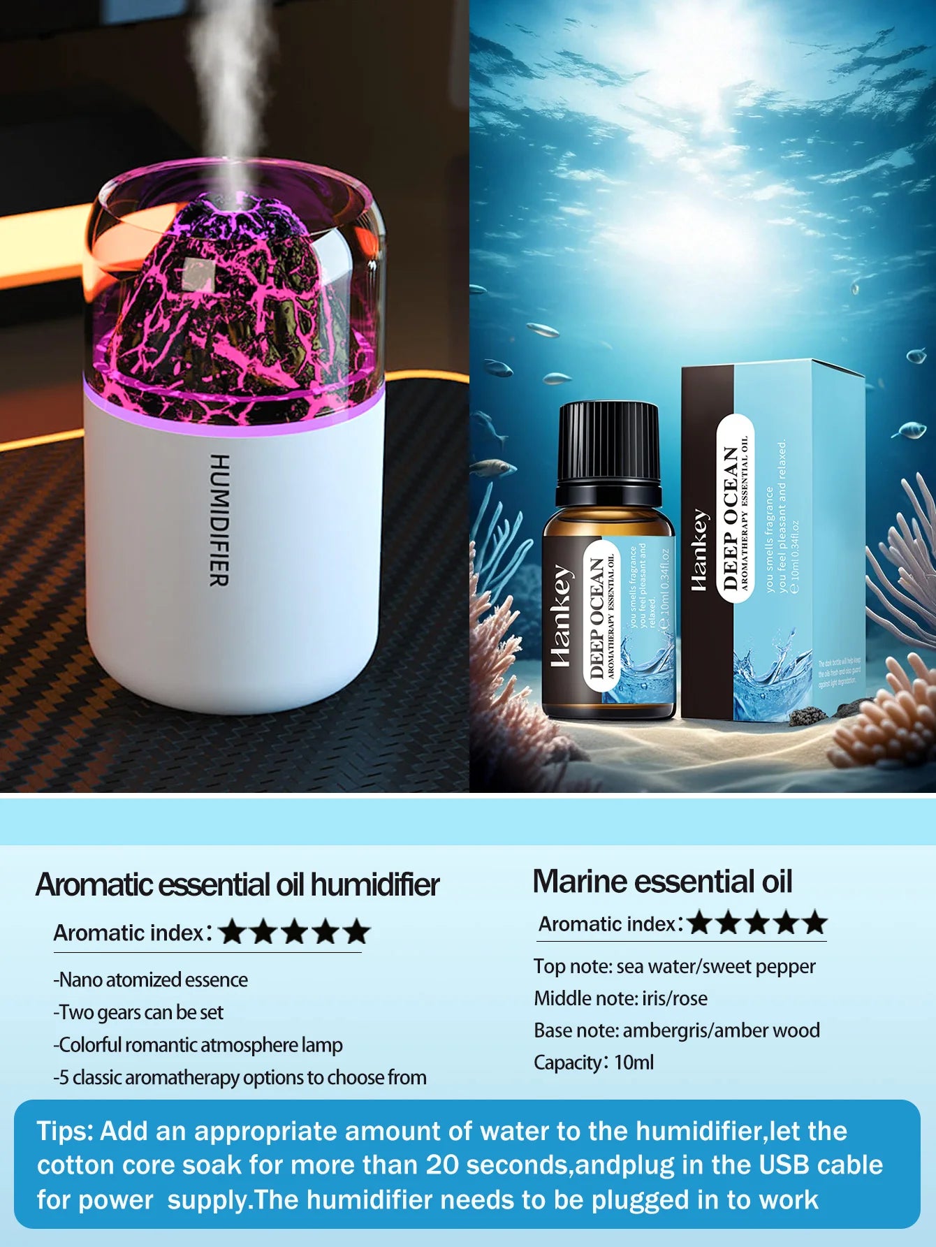 The simulated volcanic color lamp humidifier USB aromatherapy diffuser is suitable for use in cars, homes, bedrooms, as a gift,