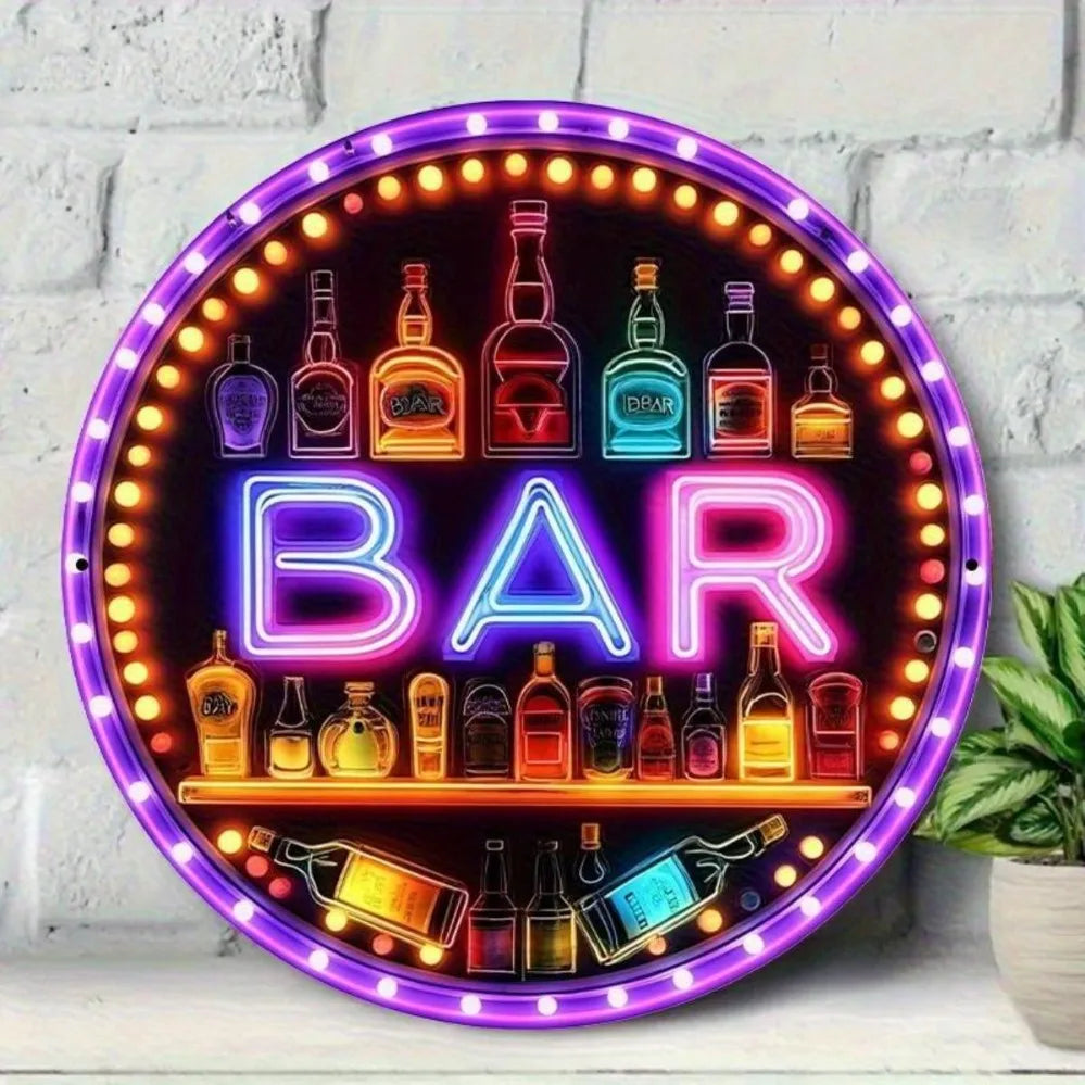 Retro-Style Neon Light Bar Metal Sign - Colorful Beverage Bottle Design | Round Aluminum Plaque | Perfect for Beach Villa