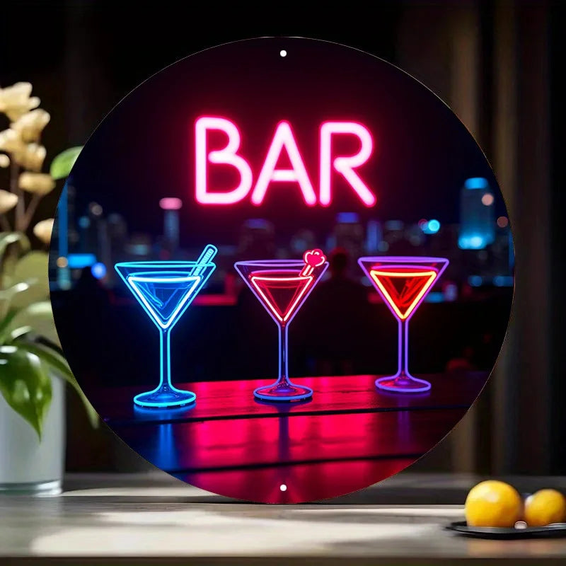 Vintage Neon Cocktail Bar Sign - Retro City Skyline Metal Art with Colorful Glow, Perfect for Home Pub & Cafe Decor