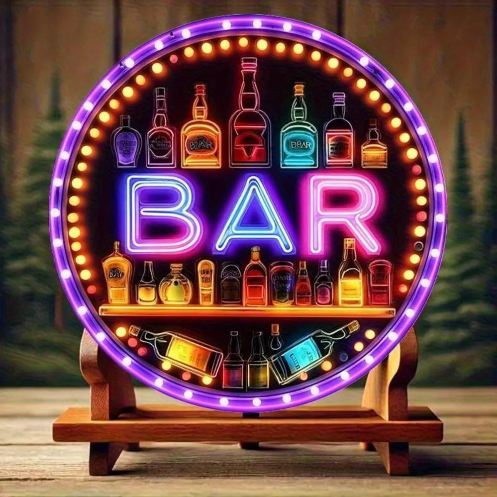 Retro-Style Neon Light Bar Metal Sign - Colorful Beverage Bottle Design | Round Aluminum Plaque | Perfect for Beach Villa