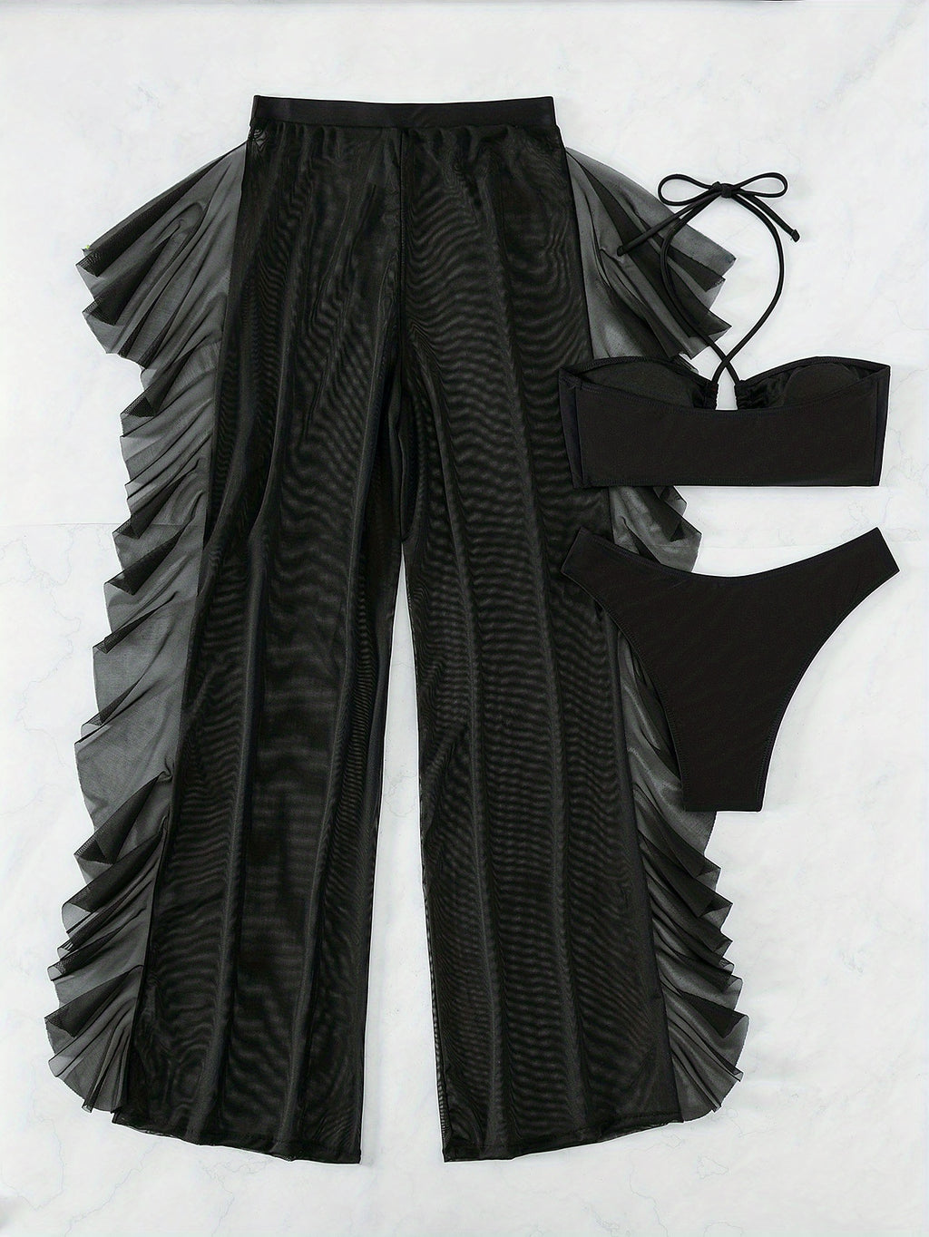 Pure Black Sexy Semi-Sheer Fashion Ruched Crisscross Strap Mesh Panty Bikini Set for Women