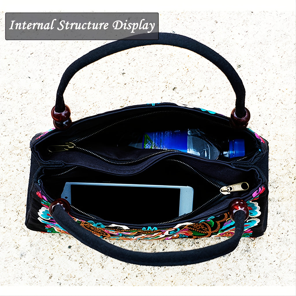 Women's Embroidered Handbag - Double Zipper, Printed Design, Stylish and Spacious