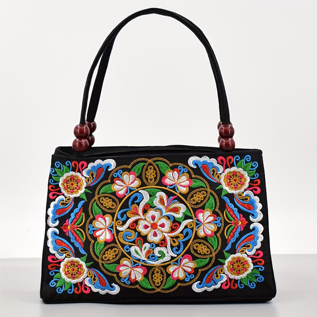 Women's Embroidered Handbag - Double Zipper, Printed Design, Stylish and Spacious