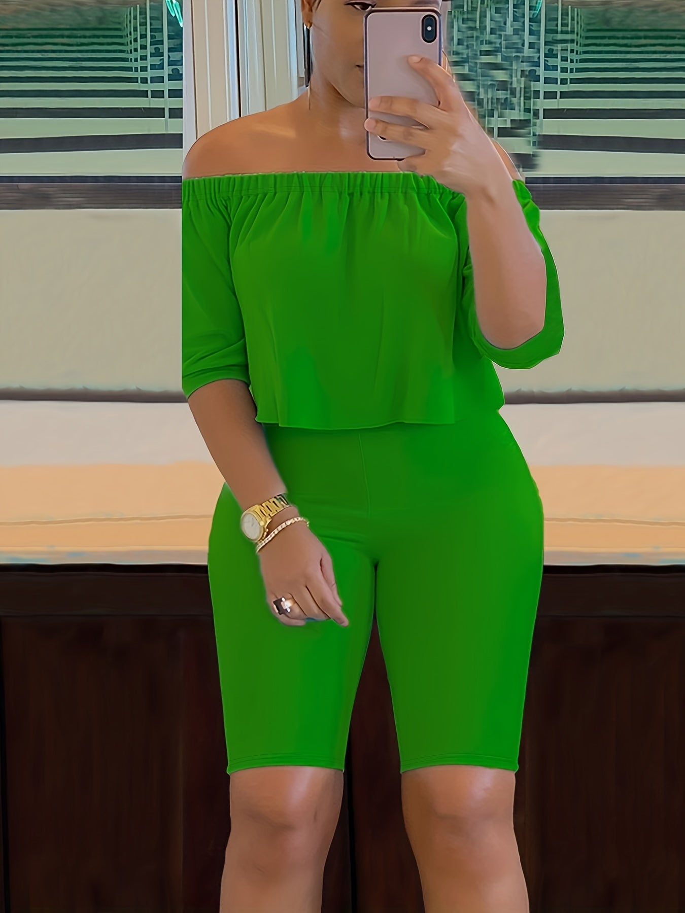 Sexy Solid Fashion Pantsuits Two-piece Set, Off Shoulder Short Sleeve Tops & Slim Shorts Set, Women's Clothing