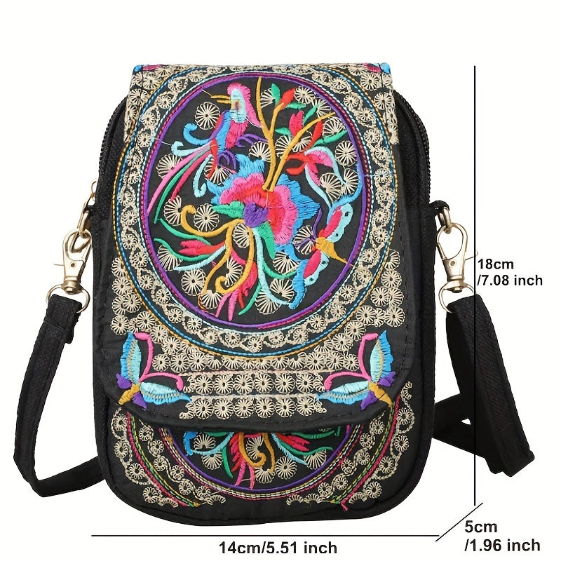 Women's Embroidered Crossbody Bag, Mini Shoulder Bag, Portable Double-Layer Wallet, Phone Pouch