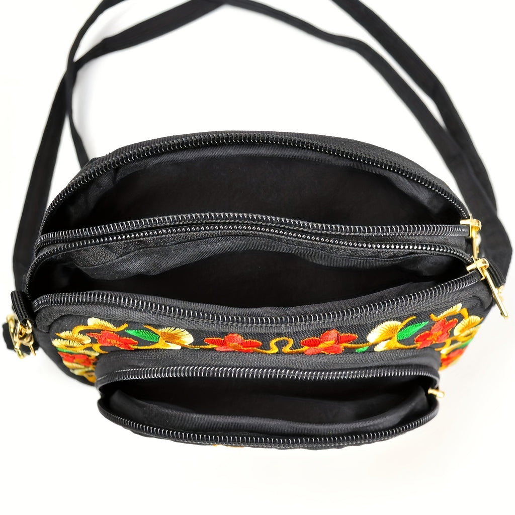 Vibrant Floral Embroidered Crossbody Bag for Women - Lightweight, Double-Sided Design with Detachable Strap, Zipper Closure, and Phone Pocket - Perfect for Casual Outings, Travel Accessory | Vibrant Pattern Bag | Coin Purse